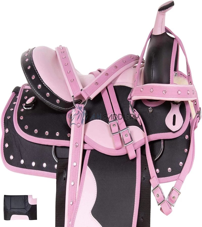 Synthetic Western Adult Horse Saddle Tack Barrel Racing with Matching Headstall + Breast Collar + Reins + Saddle Pad