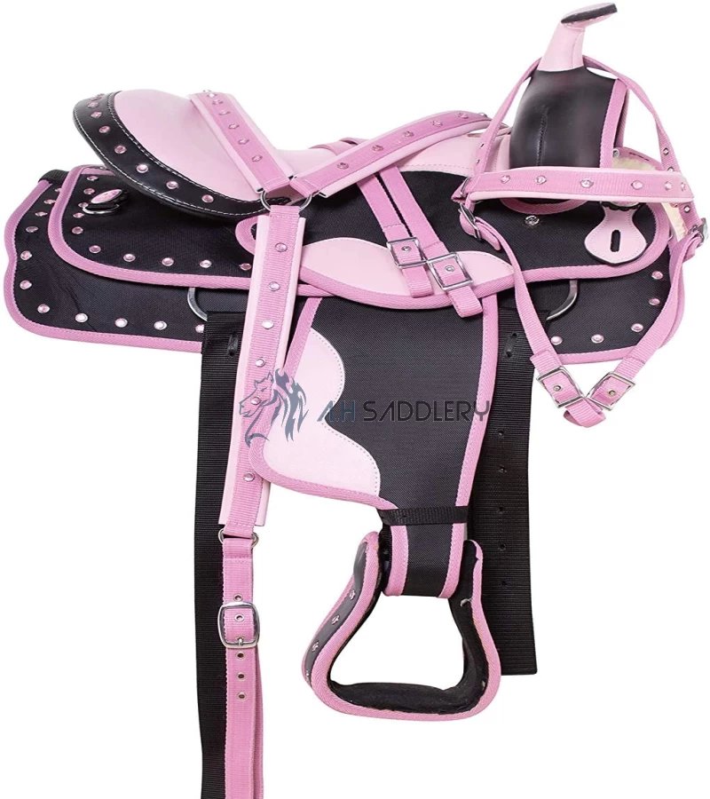 Synthetic Western Adult Horse Saddle Tack Barrel Racing with Matching Headstall + Breast Collar + Reins + Saddle Pad