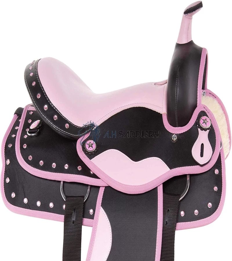 Synthetic Western Adult Horse Saddle Tack Barrel Racing with Matching Headstall + Breast Collar + Reins + Saddle Pad