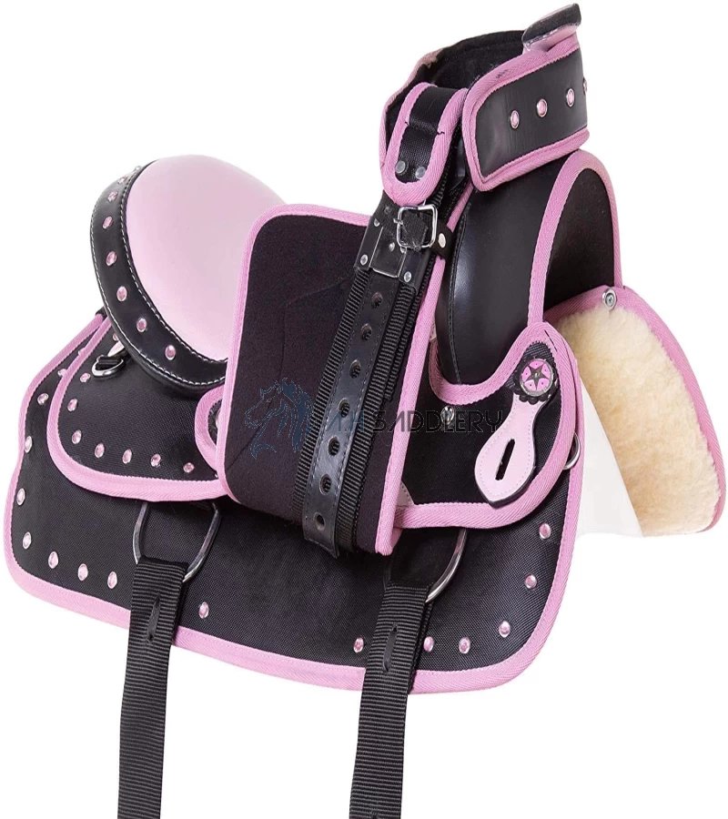 Synthetic Western Adult Horse Saddle Tack Barrel Racing with Matching Headstall + Breast Collar + Reins + Saddle Pad