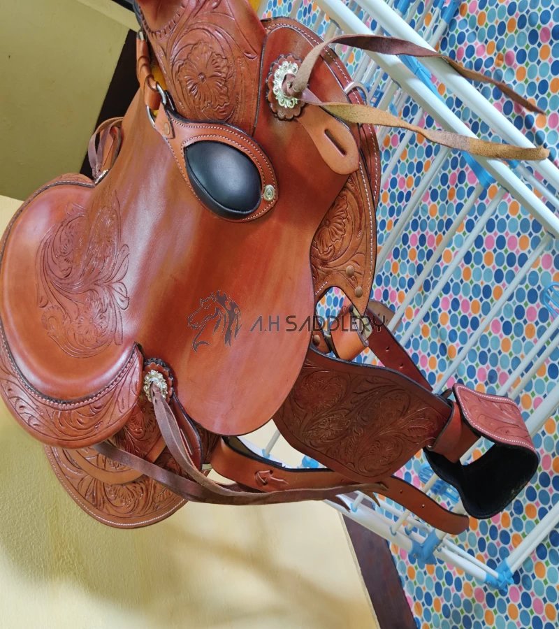 Premium Western Leather Barrel Racing Adult Horse Saddle with Matching Leather Headstall + Breast Collar + Reins | Color : Brown | Size 14 to 18 Inches Seat Available