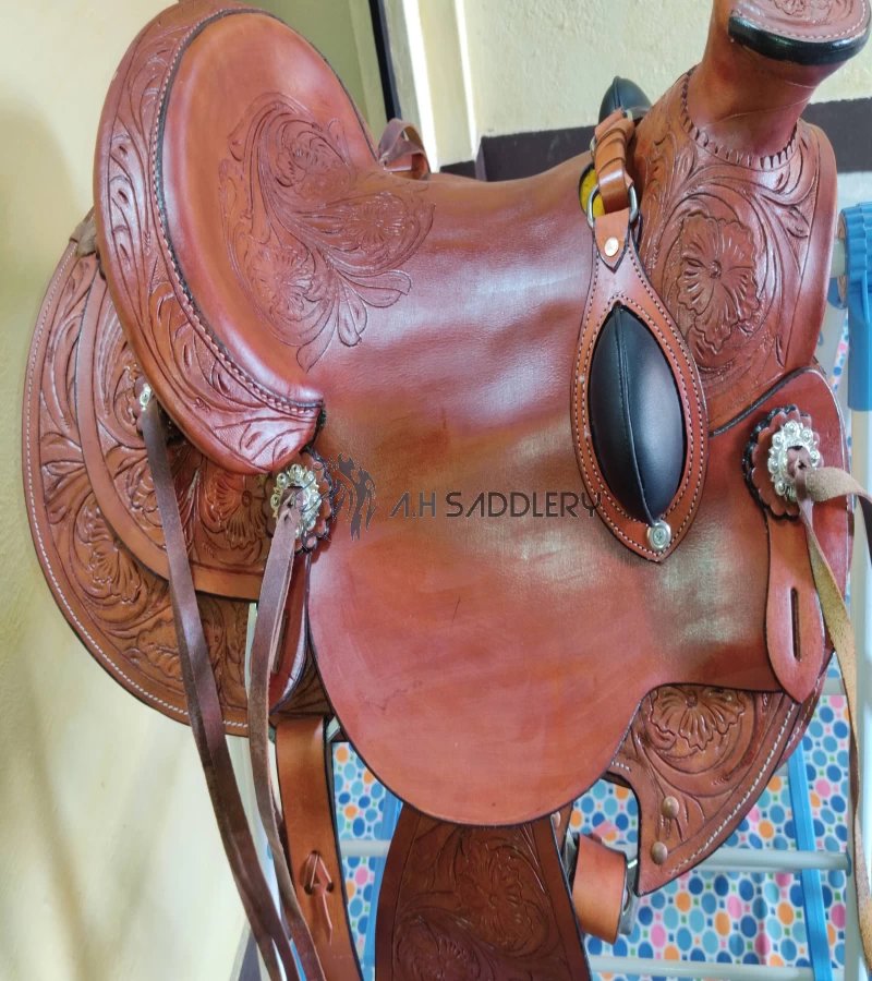 Premium Western Leather Barrel Racing Adult Horse Saddle with Matching Leather Headstall + Breast Collar + Reins | Color : Brown | Size 14 to 18 Inches Seat Available